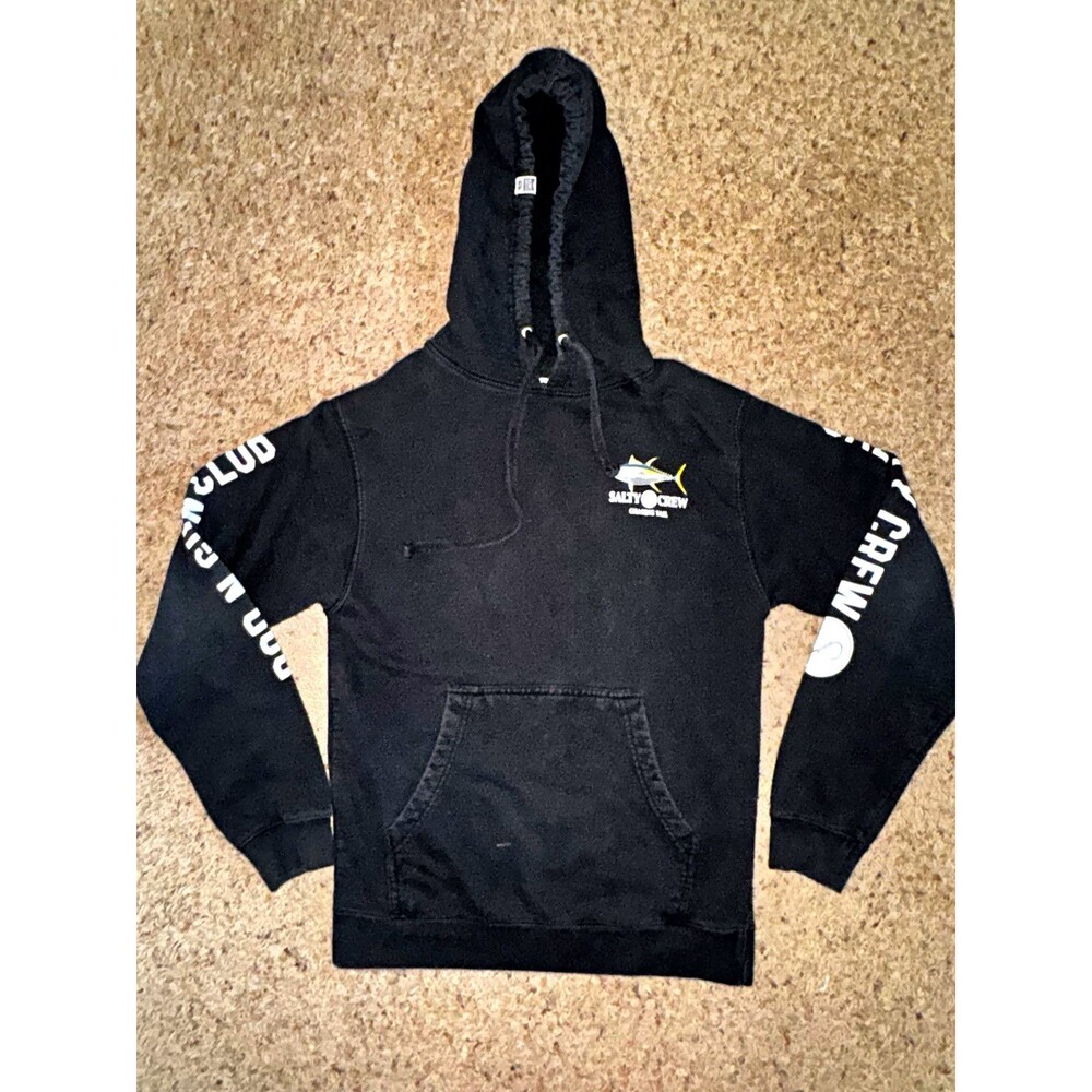 Salty Crew Black Pullover Hoodie Men’s S Rod N Gun Club Tuna Fish Graphic